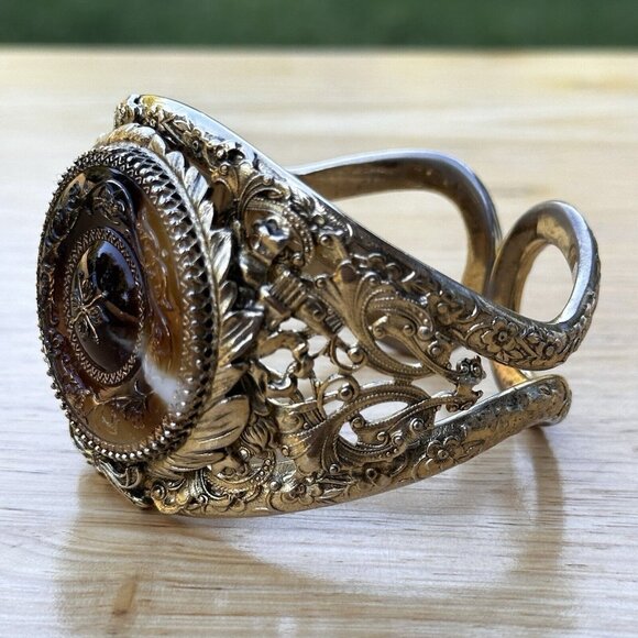 VTG Whiting Davis Hinged Bracelet 6.25 Medallion Floral Glass Gold Plated Rare - Picture 4 of 12